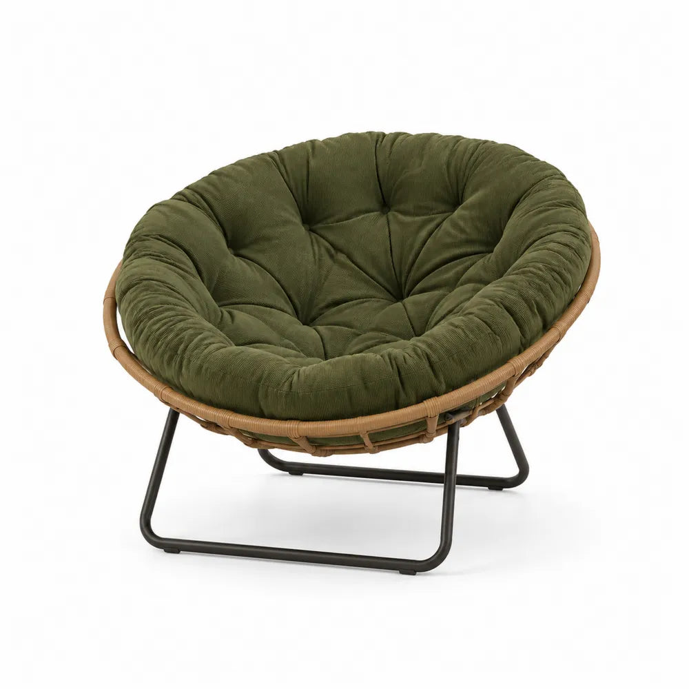 Fauteuil de jardin papasan rond en résine tressée PE avec coussin vert olive et structure acier noir 105 x 98 x 85 cm