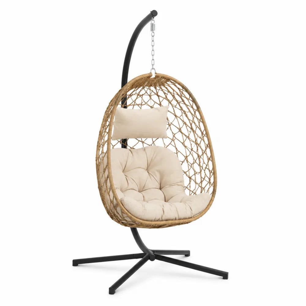 Fauteuil suspendu œuf de jardin avec support en acier noir résine tressée PE naturel coussins beige 105 x 100 x 195 cm