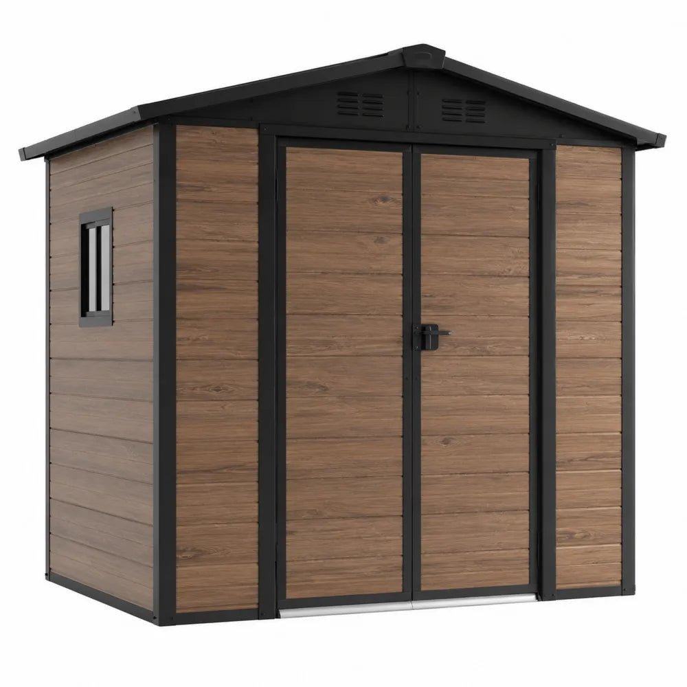 Abri de rangement extérieur en acier galvanisé aspect bois avec double porte 213 x 130 x 185 cm