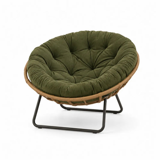 Fauteuil de jardin papasan rond en résine tressée PE avec coussin vert olive et structure acier noir 105 x 98 x 85 cm