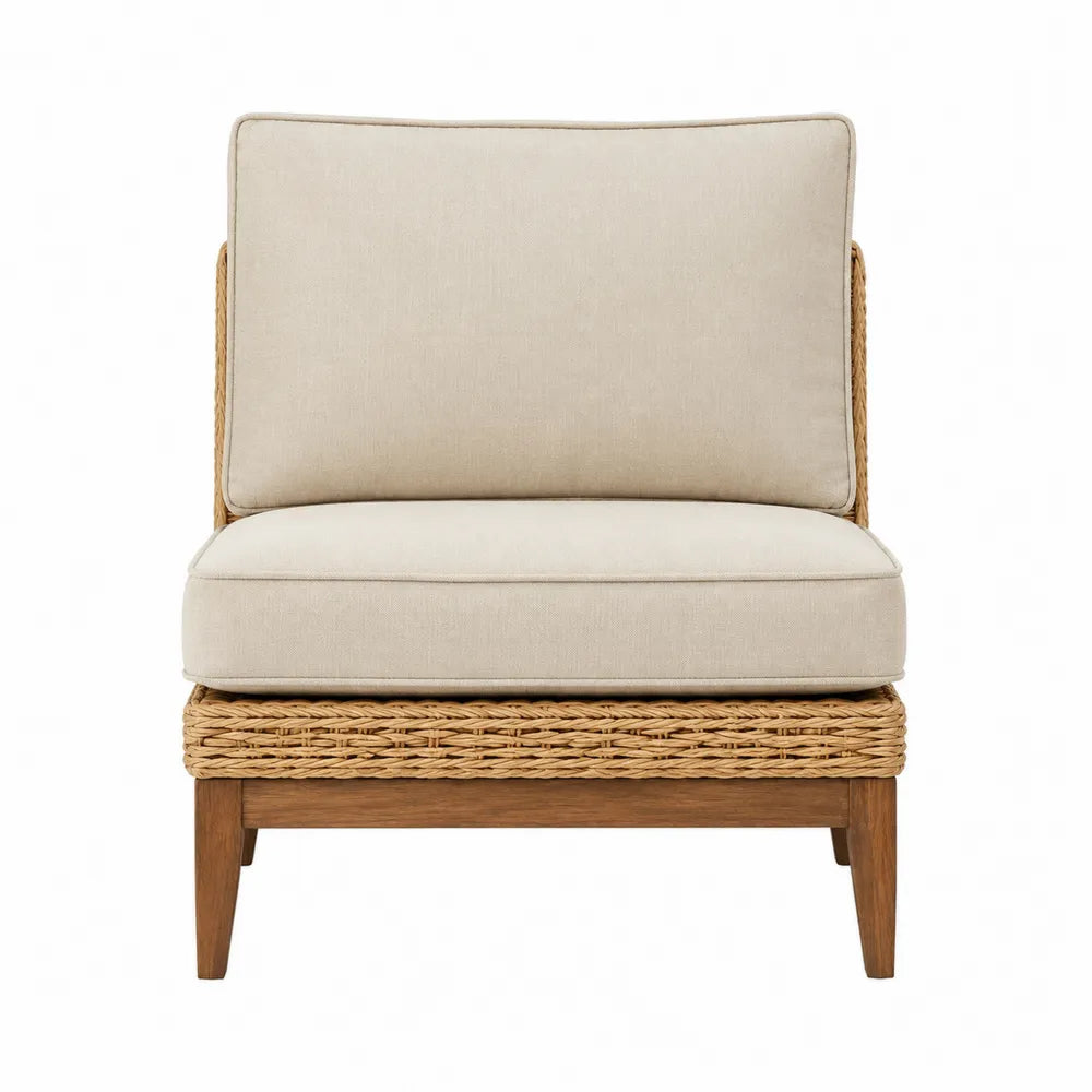 Fauteuil de jardin en bois d’acacia avec coussins beige et dossier en rotin synthétique 75 x 80 x 85 cm