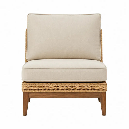 Fauteuil de jardin en bois d’acacia avec coussins beige et dossier en rotin synthétique 75 x 80 x 85 cm