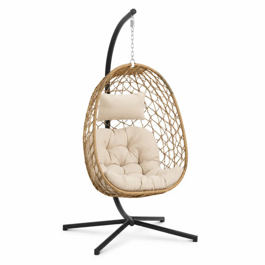 Fauteuil suspendu œuf de jardin avec support en acier noir résine tressée PE naturel coussins beige 105 x 100 x 195 cm