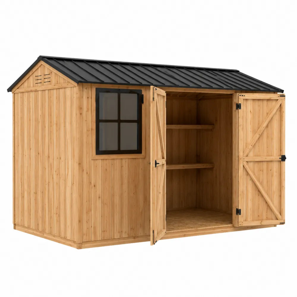 Abri de jardin en bois massif avec toit en acier noir double porte et fenêtre 300 x 240 x 245 cm