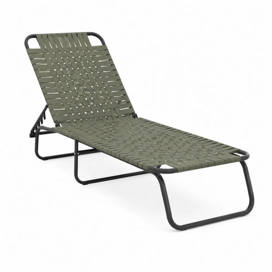 Bain de soleil de jardin réglable en sangles polyester enduit PVC vert sauge avec structure acier noir 190 x 65 x 95 cm