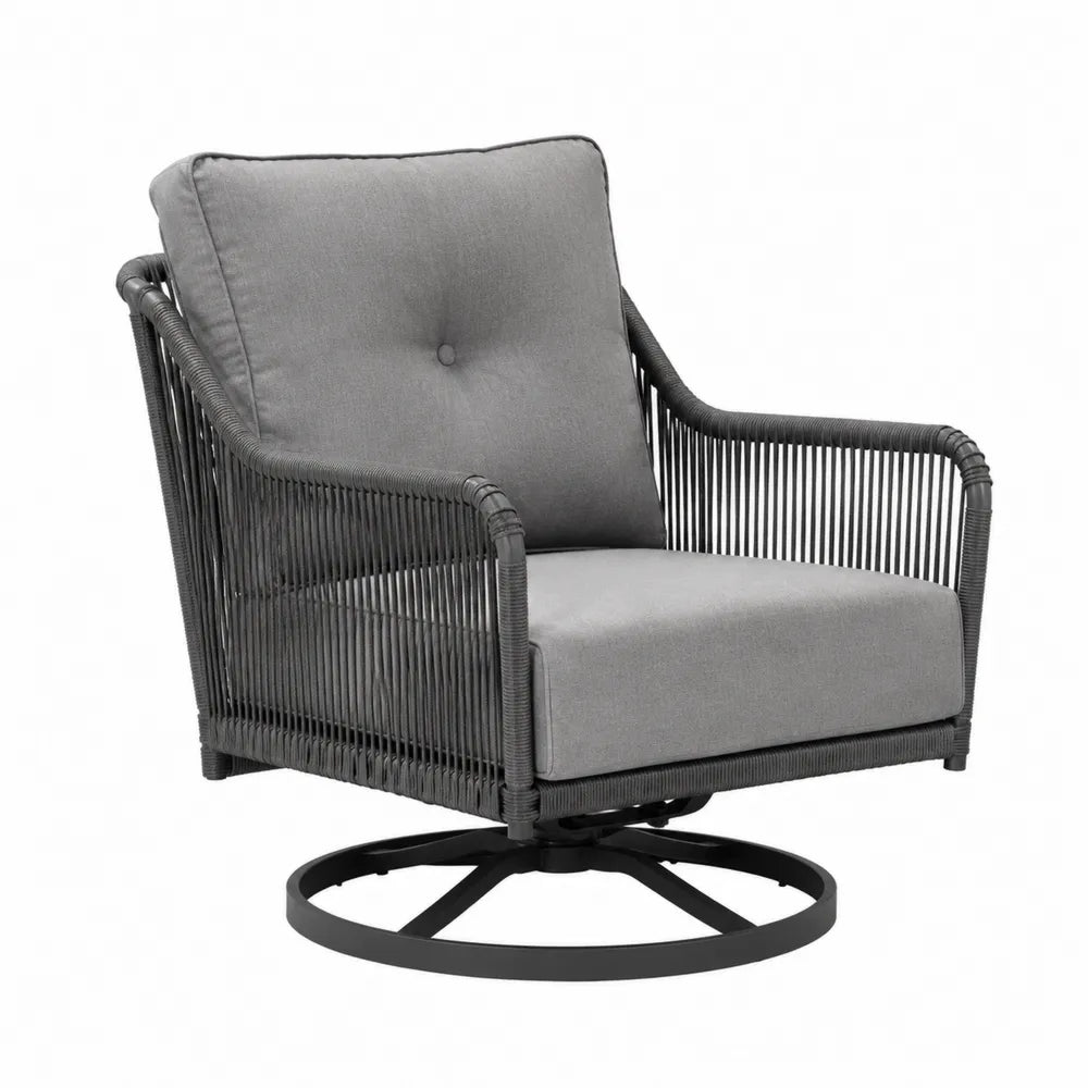 Fauteuil pivotant de jardin en corde PE gris avec coussins polyester et base acier noir 82 x 85 x 88 cm