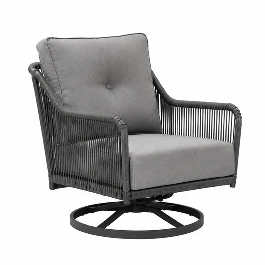 Fauteuil pivotant de jardin en corde PE gris avec coussins polyester et base acier noir 82 x 85 x 88 cm