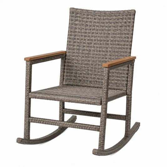 Fauteuil à bascule de jardin en corde synthétique PE gris taupe avec accoudoirs en acacia massif 65 x 88 x 105 cm