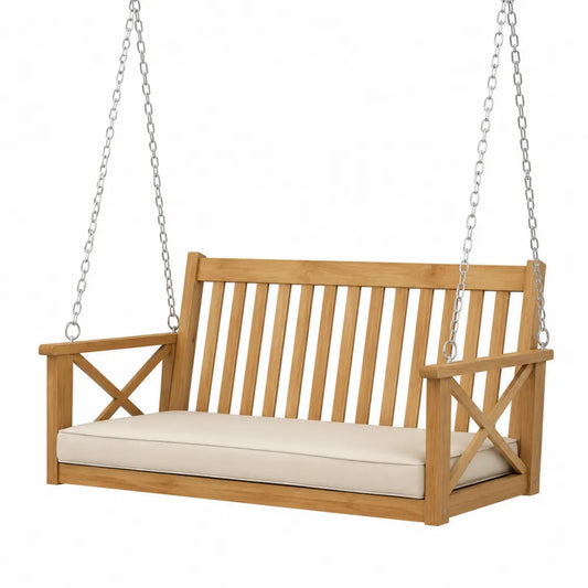 Banc suspendu de jardin 3 places en bois d’acacia avec coussin beige et chaînes en acier 150 x 65 x 58 cm