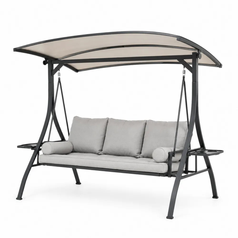 Balancelle de jardin 3 places avec auvent en acier anthracite coussins gris et toit beige 220 x 120 x 180 cm