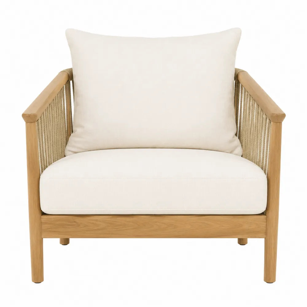 Fauteuil de jardin en bois d’acacia avec cordage synthétique et coussins beige 75 x 80 x 85 cm
