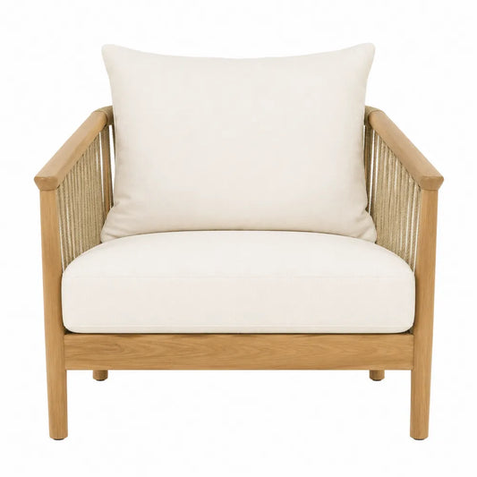 Fauteuil de jardin en bois d’acacia avec cordage synthétique et coussins beige 75 x 80 x 85 cm