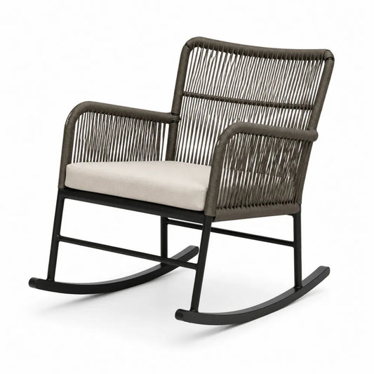 Fauteuil à bascule de jardin 1 place en acier noir et cordage synthétique taupe avec coussin beige 70 x 85 x 90 cm