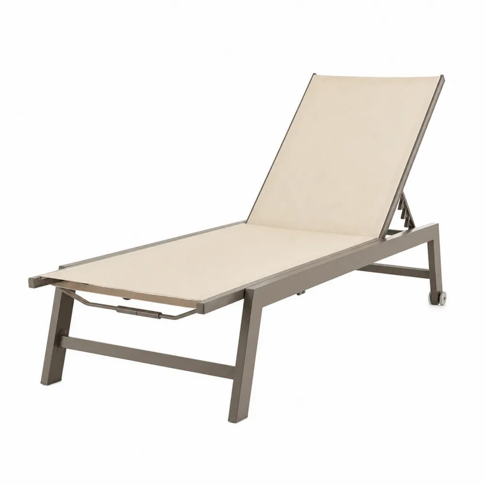 Bain de soleil réglable avec roulettes en aluminium taupe et textilène beige 198 x 68 x 86 cm