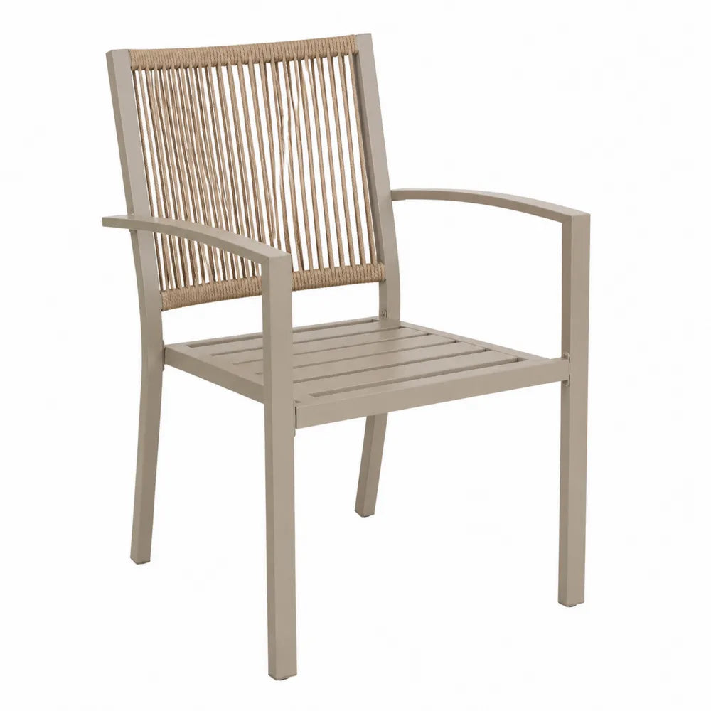 Chaise de jardin avec accoudoirs en aluminium assise à lattes dossier en cordage beige taupe 58 x 62 x 88 cm