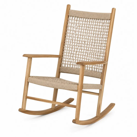 Chaise à bascule de jardin en bois d’acacia massif et corde polypropylène beige avec accoudoirs 110 x 70 x 100 cm
