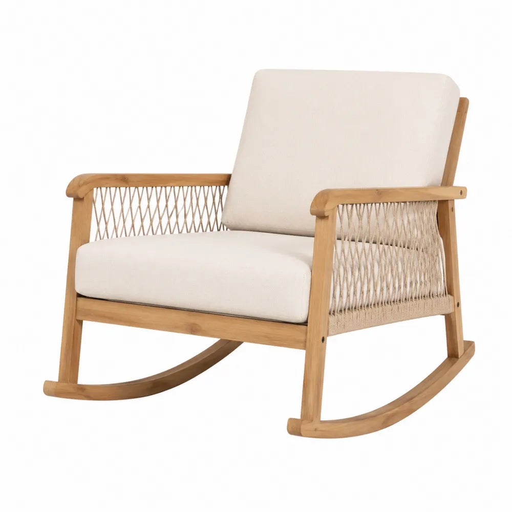 Fauteuil à bascule de jardin en bois d’acacia et corde synthétique beige avec coussin 75 x 80 x 85 cm