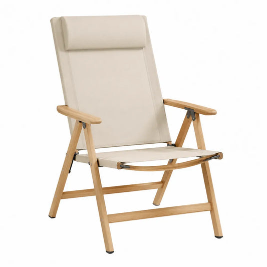 Chaise de jardin pliante inclinable en bois d’acacia avec toile polyester beige et appuie-tête 65 x 92 x 105 cm