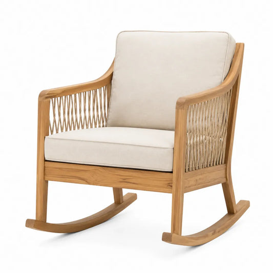 Fauteuil à bascule de jardin 1 place en acacia massif avec cordage beige et coussin polyester 78 x 92 x 89 cm